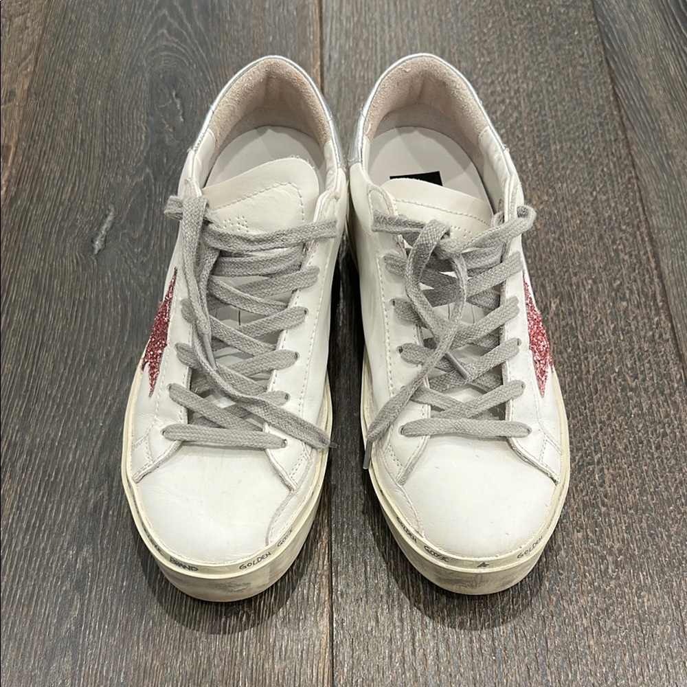 Authentic Golden Goose Hi Star White Sneakers with Glittery Pink Star - Picture 4 of 10